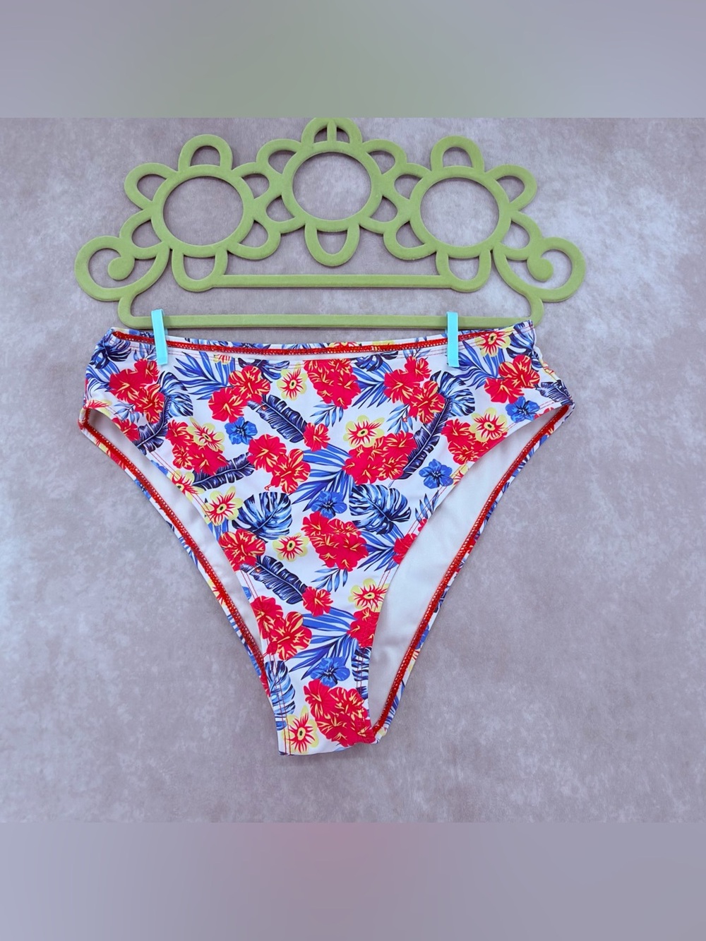 Tropical Floral High-Waist Bikini Bottoms - Red, Blue & White